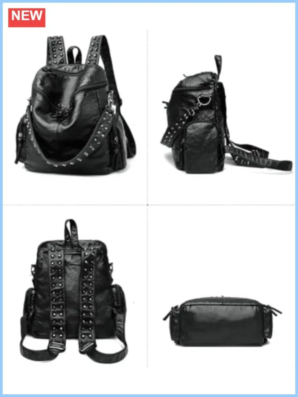 Vegan PU Leather Studded Backpack Purse with Knotted Zippers - Travel Daypack